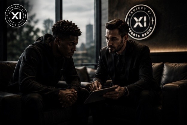 Project XI advisor mentoring a young footballer in a calm private setting.