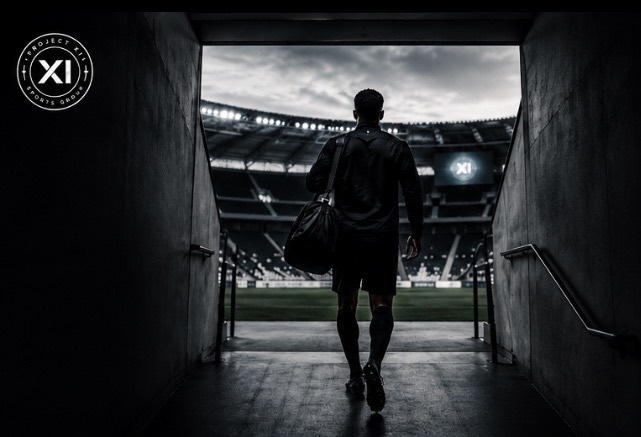 Project XI player walking from a stadium tunnel toward the pitch.